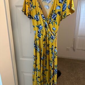 Floral Yellow and Blue Wrap Dress